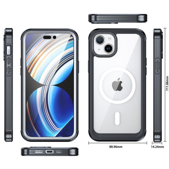 Etui do iPhone 15 Plus, Pancerne Full Protect 360° do MagSafe, szkło na ekran, czarne
