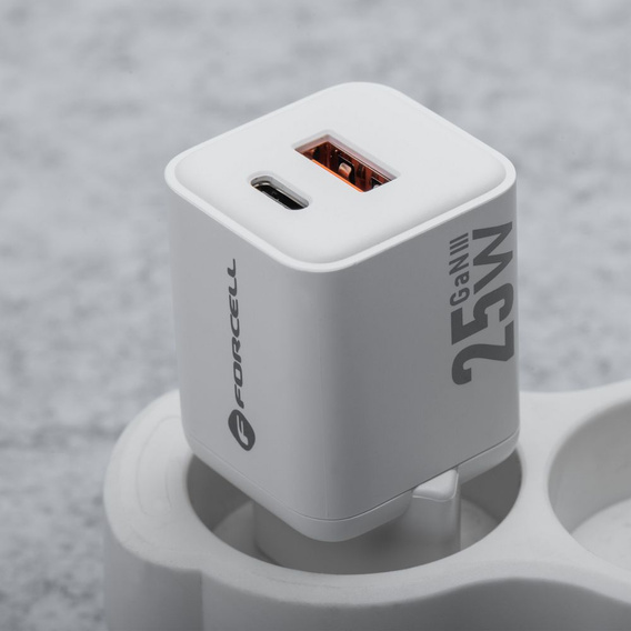 Forcell Mini Ładowarka GaN 25W USB-C + USB-A, kompaktowy adapter do szybkiego ładowania - biały