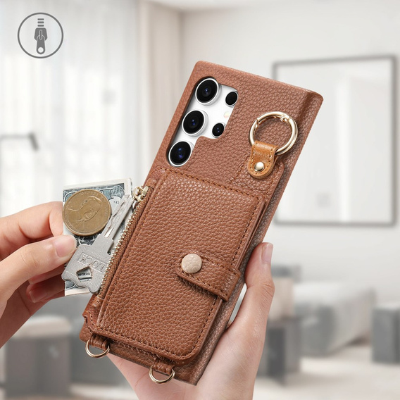 Etui do Samsung Galaxy S25 Ultra – z klapką, kieszeniami i paskiem, brązowe