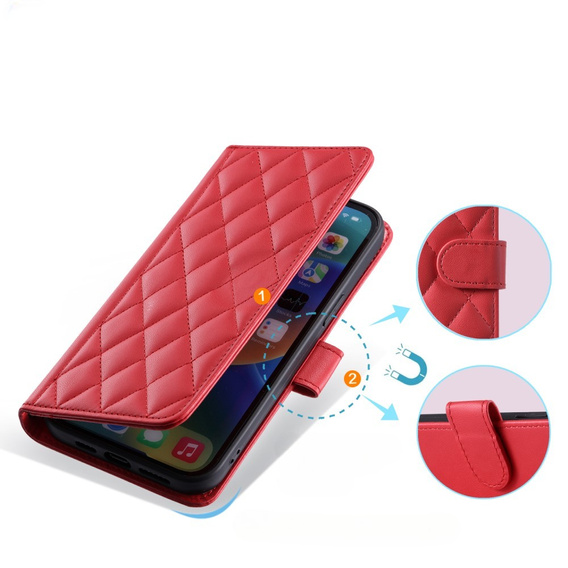 Etui z klapką do iPhone 16 Pro Max, Rhombus Crossbody Leather, czerwone