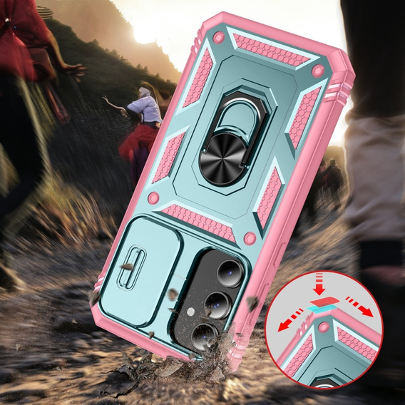 Etui pancerne do Samsung Galaxy S23 FE, CamShield Slide, zielone / różowe