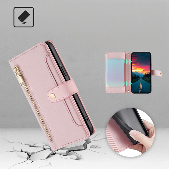 Etui z klapką do Realme 14 Pro+ 5G, Wallet Zipper Pocket, różowe