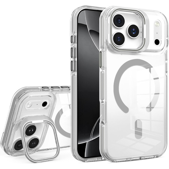 Etui do iPhone 17 Pro Max, do MagSafe, z podstawką, transparentne z szarymi wstawkami