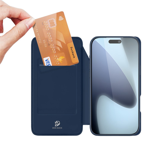 Etui Dux Ducis do iPhone 17 Pro, Skin Pro, z klapką, z miejscem na kartę, granatowe