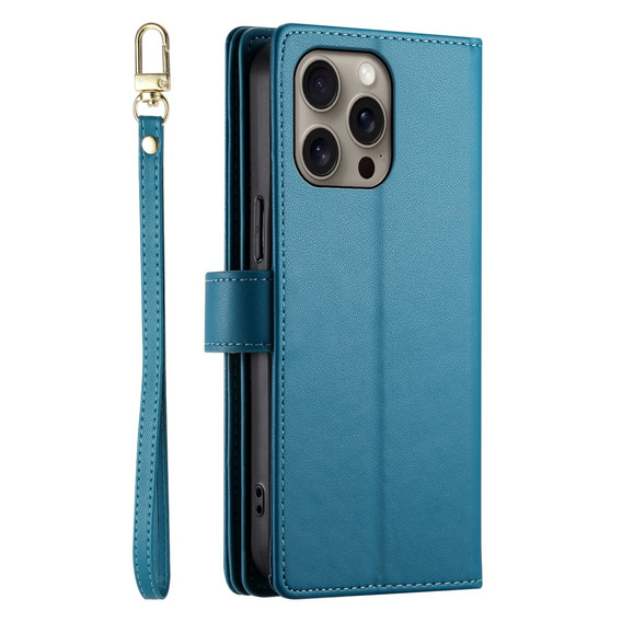 Etui z klapką do iPhone 16 Pro, Wallet Zipper Pocket, niebieskie