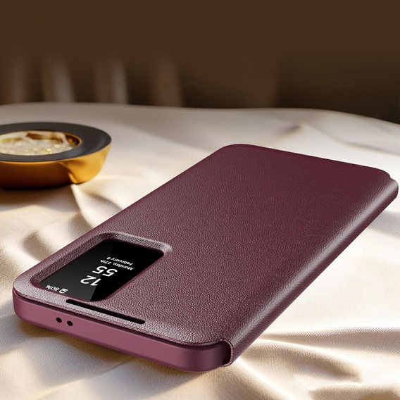 Etui do Samsung Galaxy S25 Edge – skórzane z okienkiem Smart View i kieszenią na kartę, bordowe