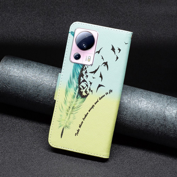 Etui z klapką do Xiaomi 13 Lite, Wallet, Feather niebieskie / żółte