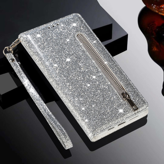 Etui z klapką do Samsung Galaxy A36 5G, Wallet Zipper Pocket Glittery, srebrne