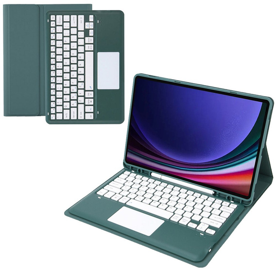 Etui z klawiaturą do Samsung Galaxy Tab S9+, Leather Pen Slot TouchPad, ciemnozielone