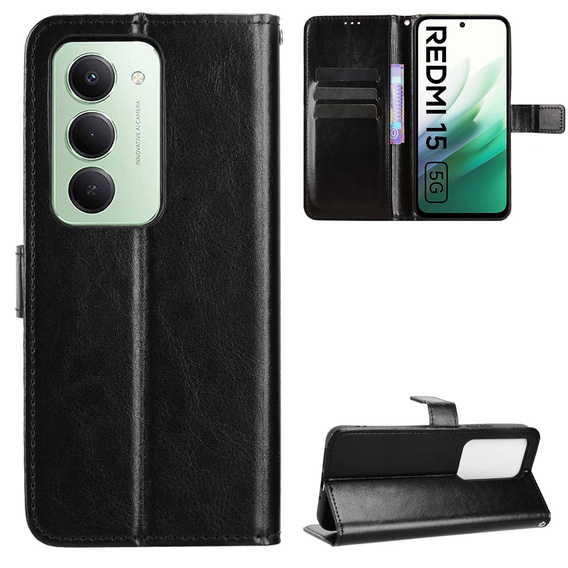 Etui z klapką do Xiaomi Redmi 15 5G / 4G, z fakturą Crazy Horse, czarne