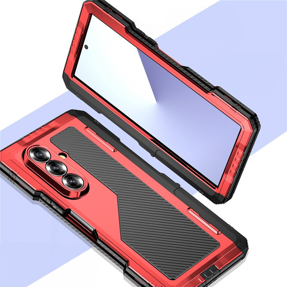 Etui pancerne do Samsung Galaxy Z Fold7 5G, aluminiowe, z podstawką i miejscem na rysik, czerwone