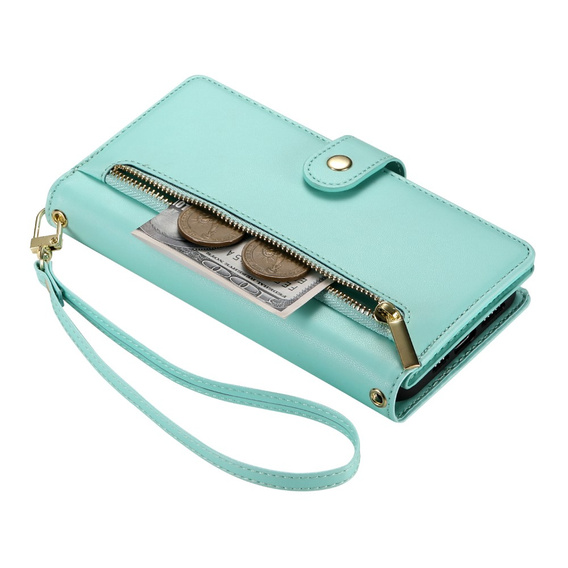 Etui z klapką do iPhone 16 Pro, Wallet Zipper Pocket, zielone