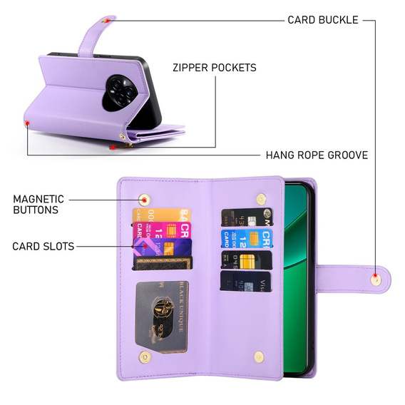 Etui z klapką do Realme 14 Pro 5G, Wallet Zipper Pocket, fioletowe