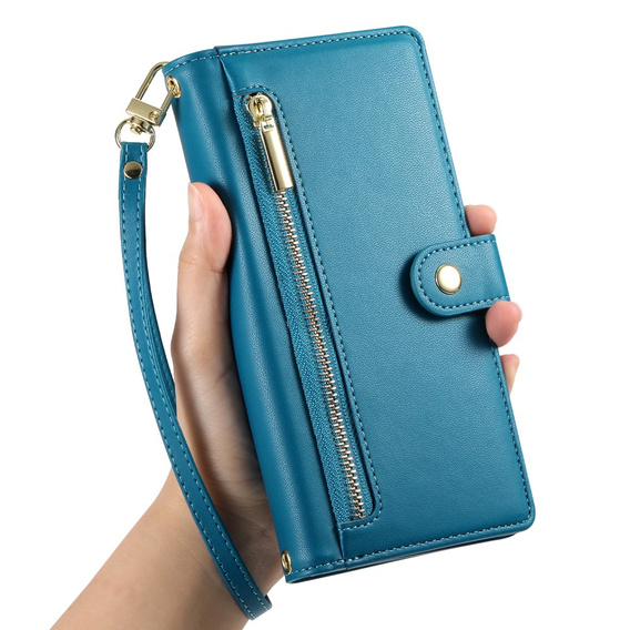 Etui z klapką do iPhone 16 Pro, Wallet Zipper Pocket, niebieskie