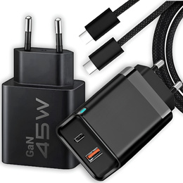 Zestaw Ładowarka sieciowa GaN, PD QC 45W 3A, USB-C USB-A + kabel 60W
