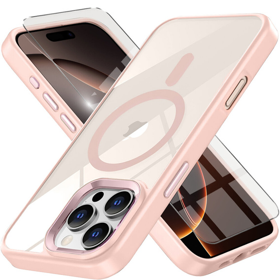 Etui do iPhone 16 Pro Max, do MagSafe, ERBORD Matt Case, przezroczyste / różowe + Szkło na ekran