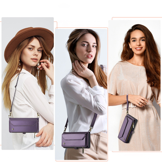 Etui CASEME do Samsung Galaxy S25 FE, RFID Leather Wallet, z paskiem na ramię, fioletowe