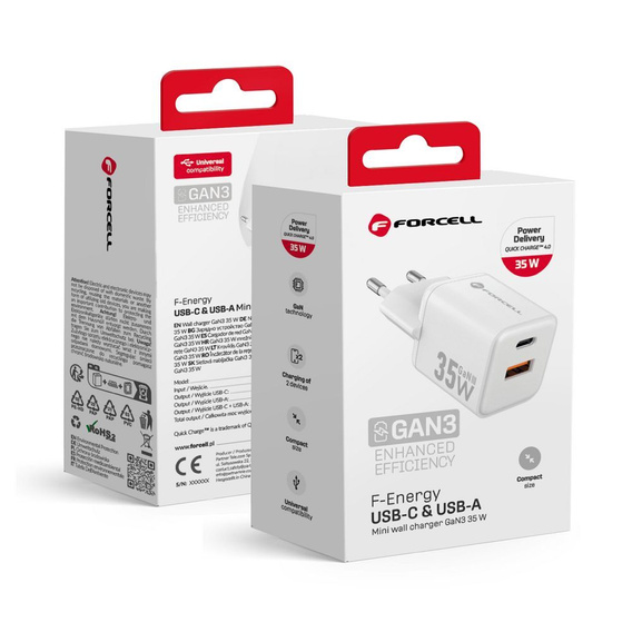 Forcell Mini Ładowarka GaN 35W USB-C + USB-A, kompaktowy adapter do szybkiego ładowania - biały