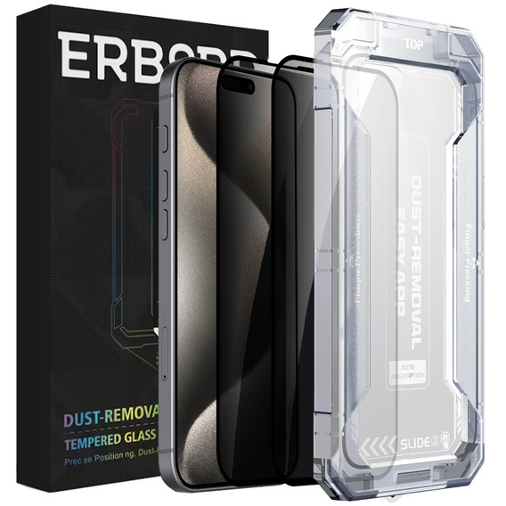 2x Szkło Hartowane prywatyzujące do iPhone 15 Pro, ERBORD 9H Easy App Anti-Peep