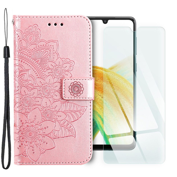 Zestaw Etui z klapką do Samsung Galaxy A33 5G, Mandala i kwiaty, różowe rose gold + szkło