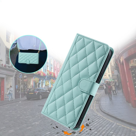Etui z klapką do iPhone 16, Rhombus Crossbody Leather, zielone