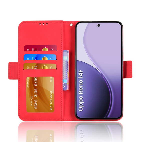 Etui z klapką do Oppo Reno 14F, Card Slot, portfelowe, czerwone