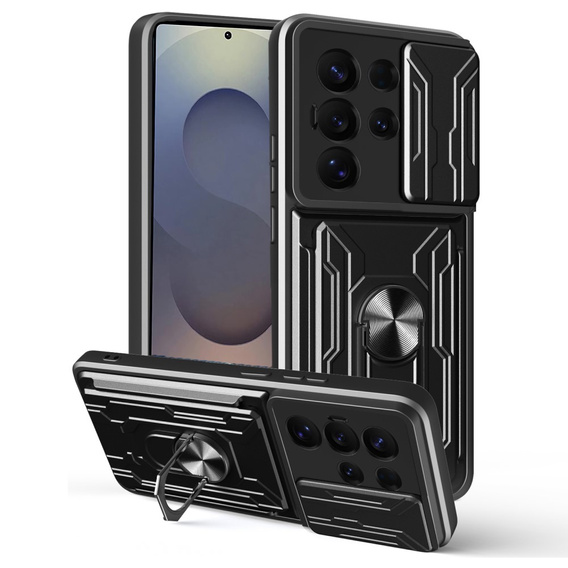 Etui z podstawką i przesuwaną osłoną aparatu do Samsung Galaxy S25 Ultra – czarne