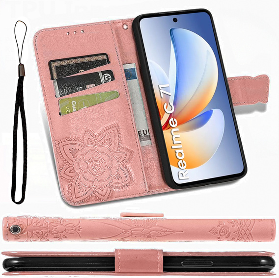 Etui z klapką Butterfly do Realme C71 – eleganckie i funkcjonalne, różowe