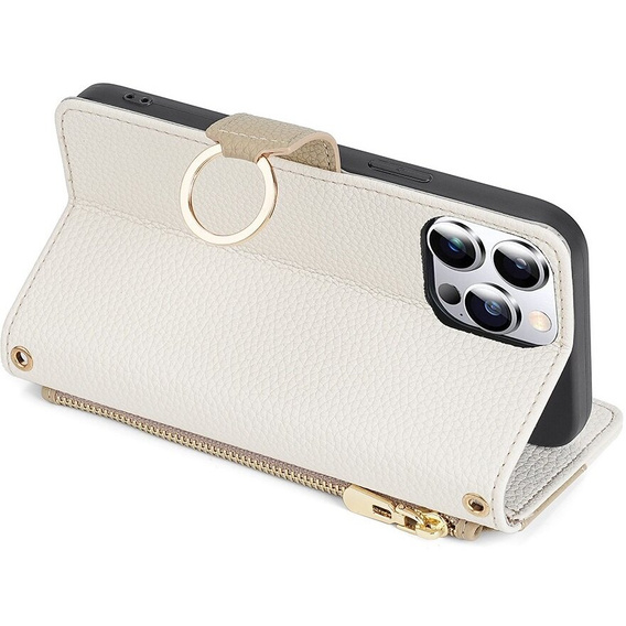 Etui z klapką do iPhone 15 Pro, Wallet Zipper Pocket, z lusterkiem, białe