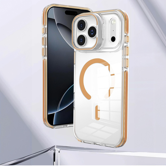 Etui do iPhone 17 Pro, do MagSafe, z podstawką, transparentne ze złotymi wstawkami
