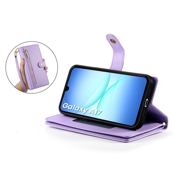 Etui z klapką do Samsung Galaxy A17 5G, Wallet Zipper Pocket, portfelowe, fioletowe