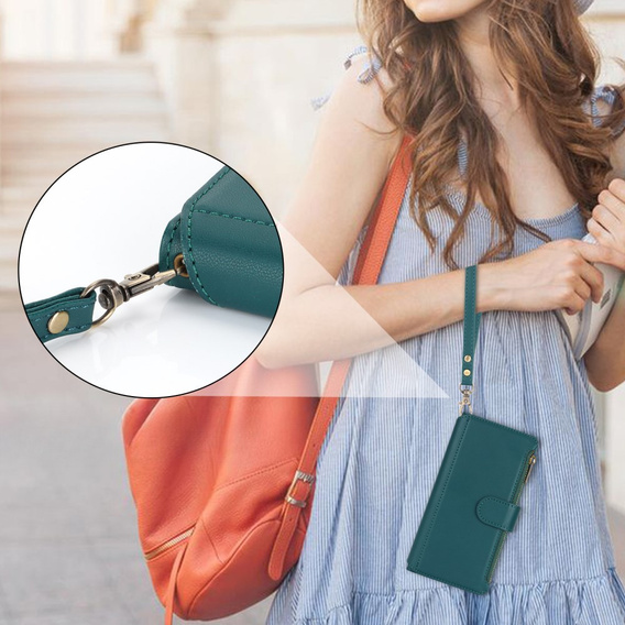 Etui z klapką do Samsung Galaxy S24 Ultra, Wallet Zipper Pocket RFID, z paskiem na ramię, zielone
