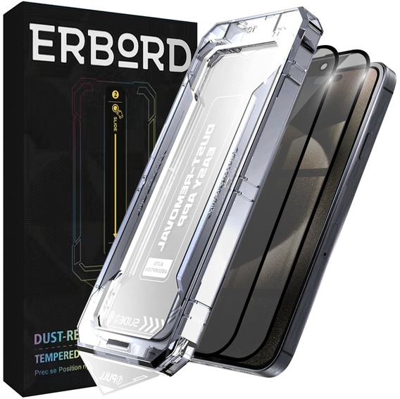 2x Szkło Hartowane prywatyzujące do iPhone 15 Pro Max, ERBORD 9H Easy App Anti-Peep