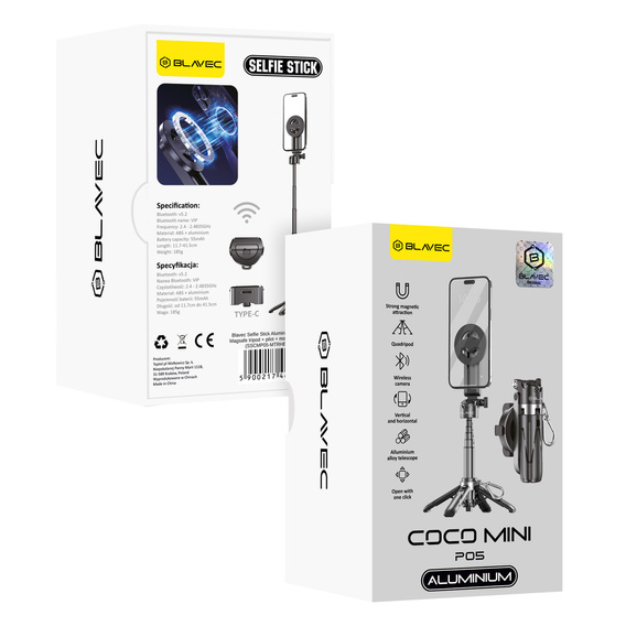 Selfie Stick Aluminium z funkcją statywu i pilotem Bluetooth, do smartfonów