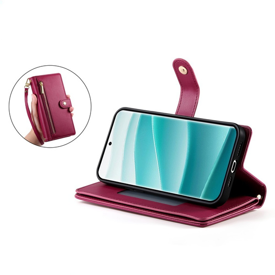 Etui z klapką do Xiaomi Redmi Note 14 Pro 5G / Poco X7 5G, Wallet Zipper Pocket, czerwone