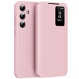Etui do Samsung Galaxy A56 5G – skórzane z okienkiem Smart View i kieszenią na kartę, różowe