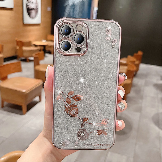Etui do iPhone 14 Pro, Glitter Flower, różowe rose gold