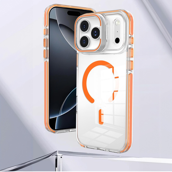Etui do iPhone 17 Pro Max, do MagSafe, z podstawką, transparentne z pomarańczowymi wstawkami