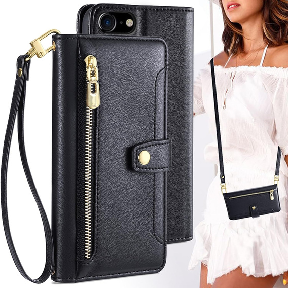 Etui z klapką do iPhone 16E, Wallet Zipper Pocket, czarne