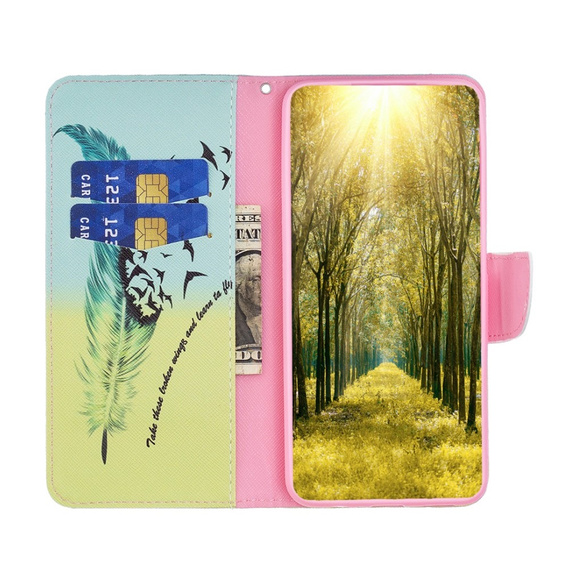Etui z klapką do Motorola Edge 40 Neo, Wallet, Feather niebieskie / żółte