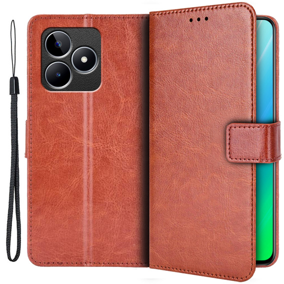 Zestaw Etui z klapką do Realme C53 4G, Crazy Horse Wallet, brązowe + szkło