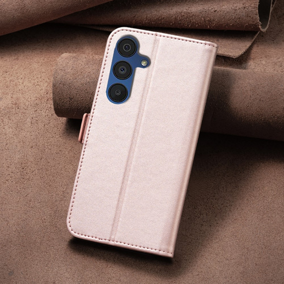 Etui z klapką do Samsung Galaxy A15, BINFEN Wallet, różowe rose gold + szkło 9H