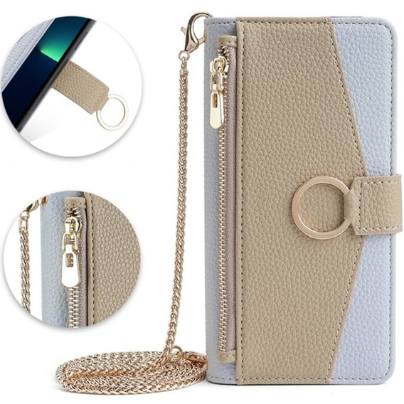 Etui z klapką do iPhone 14 Pro, Wallet Zipper Pocket, z lusterkiem, niebieskie