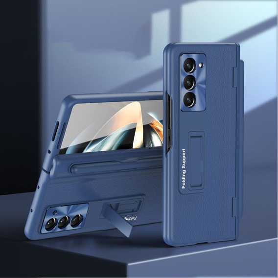 Etui skórzane do Samsung Galaxy Z Fold5 5G, Kickstand case, z podstawką i szkłem, niebieskie