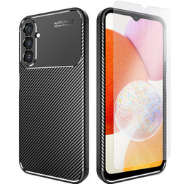Zestaw Etui do Samsung Galaxy A14 4G/5G, Carbon Gel, silikonowe ochronne czarne + szkło