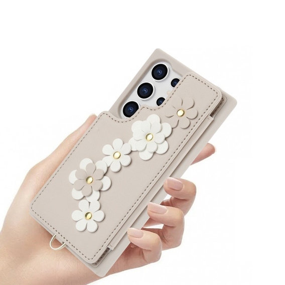 Etui do Samsung Galaxy S24 Ultra, Leather Flower Card Slot, beżowe