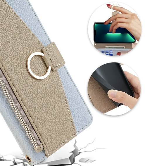 Etui z klapką do iPhone 15, Wallet Zipper Pocket, z lusterkiem, niebieskie