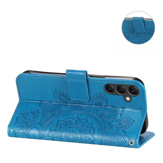 Zestaw Etui z klapką do Samsung Galaxy A14 4G/5G, portfel Mandala i kwiaty, niebieskie + szkło