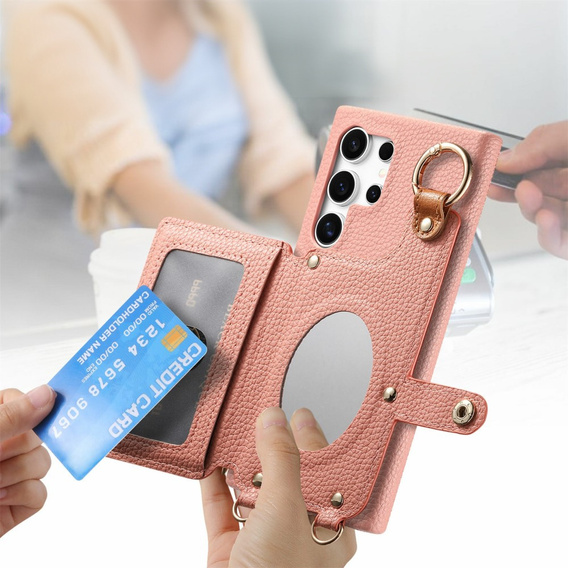 Etui do Samsung Galaxy S25 Ultra – z klapką, kieszonkami i paskiem, różowe