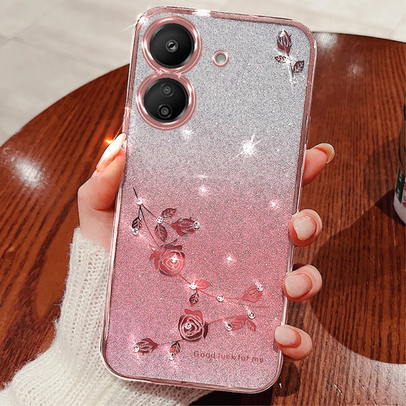 Etui do Xiaomi Redmi 13C / Poco C65, Glitter Flower, różowe rose gold